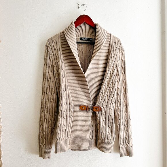 Lauren Ralph Lauren Sweaters - LAUREN RALPH LAUREN Cream Shawl Collar Cable Knit Sweater 100% Cotton XLarge